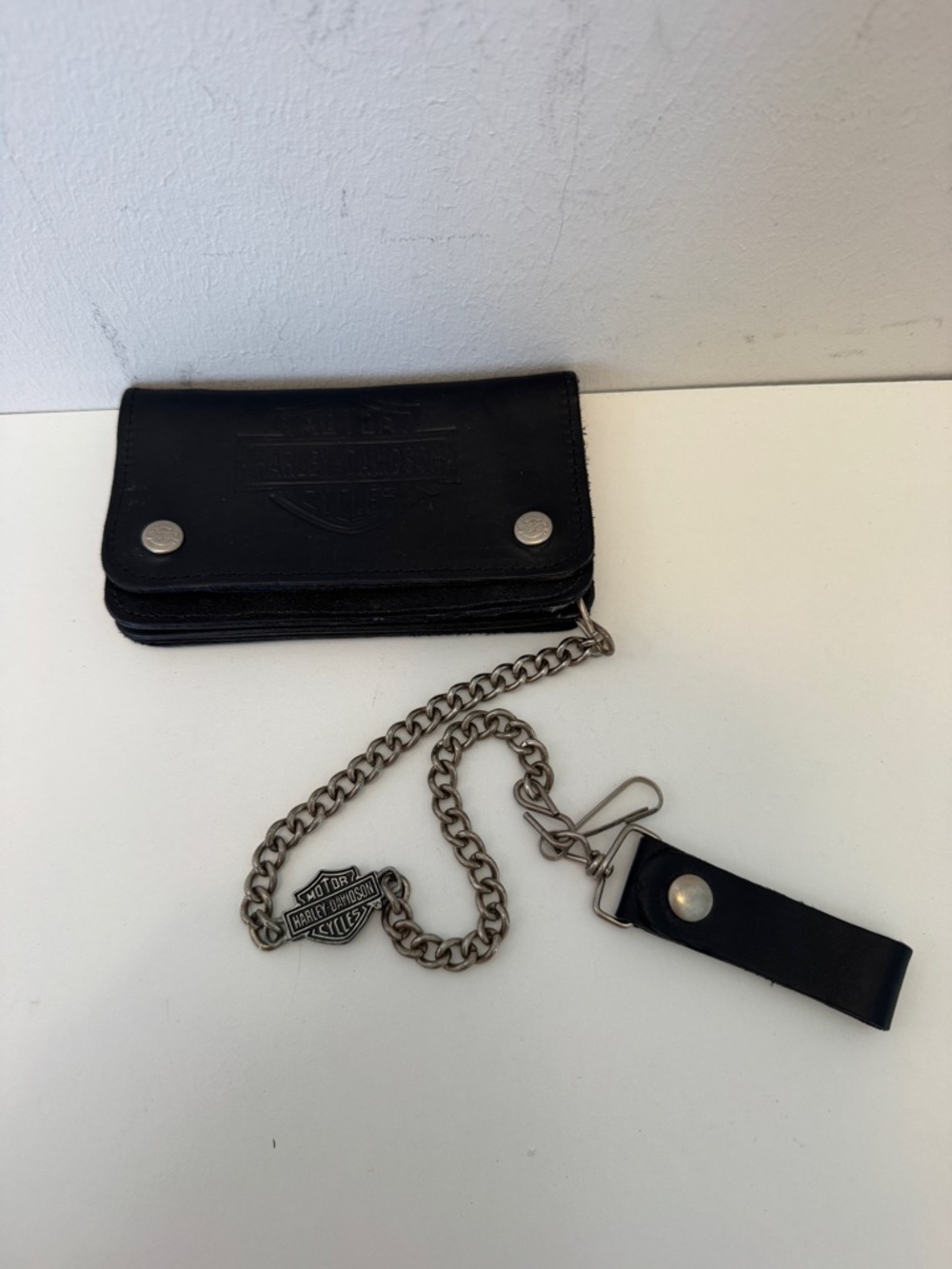 Harley-Davidson Black Leather Chain Wallet Biker Trifold Logo Embossed - Picture 13 of 16